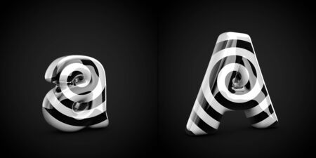 Black and white spiral pattern letter A isolated on black background. 3d rendered alphabet font.の写真素材