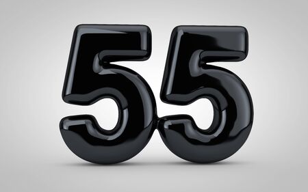 Black glossy balloon number 55 isolated on white background. 3D rendered illustration. Best for anniversary, birthday, new year celebration.の写真素材