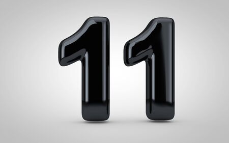Black glossy balloon number 11 isolated on white background. 3D rendered illustration. Best for anniversary, birthday, new year celebration.の写真素材