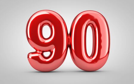 Red glossy balloon number 90 isolated on white background. 3D rendered illustration. Best for anniversary, birthday, new year celebration.の写真素材