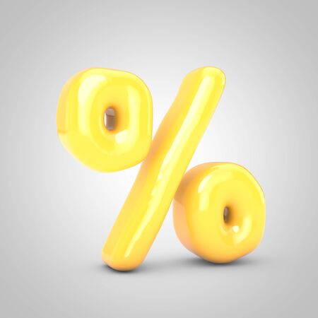 Yellow Fruit Bubble Gum percent symbol isolated on white background. 3D rendered illustration. Best for anniversary, birthday party, new year celebration.の写真素材