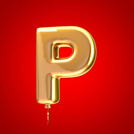 Gold balloon font letter P uppercase. 3D rendered alphabet isolated on red background. Best for anniversary, birthday party, celebration.の写真素材