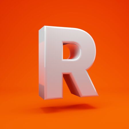 Whithe glossy 3d letter R uppercase on hot orange background. Best for anniversary, birthday party, celebration.の写真素材