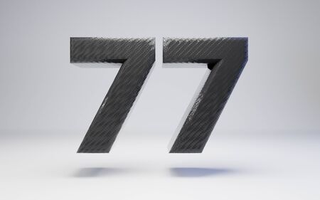 Black carbon fiber number 77 isolated on white. 3D rendered black glossy carbon font for poster,...