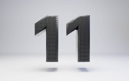 Black carbon fiber number 11 isolated on white. 3D rendered black glossy carbon font for poster,...