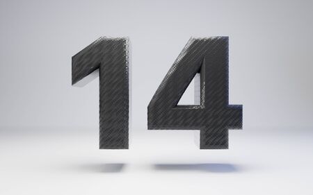 Black carbon fiber number 14 isolated on white. 3D rendered black glossy carbon font for poster, banner, advertisement, decoration.の写真素材