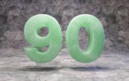 Jade number 90 on rocky backgrond. 3D rendered jade gemstone digit. Best for jewelry advertising, anniversary, celebration.の写真素材