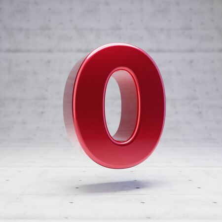 Red number 0. Metallic red color digit isolated on concrete background. 3D rendering.の写真素材
