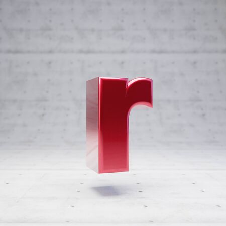 Red capital letter R. Metallic red color font character isolated on concrete background. 3D rendering.の写真素材