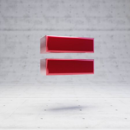 Red equals symbol. Metallic red color font character isolated on concrete background. 3D rendering.