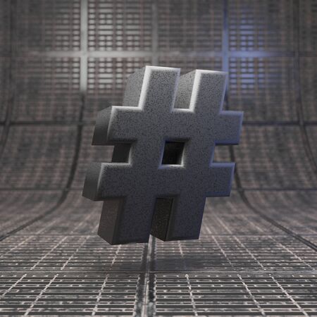 Black hashtag symbol. DLSR camera body plastic texture character on metal floor. 3D rendered high...