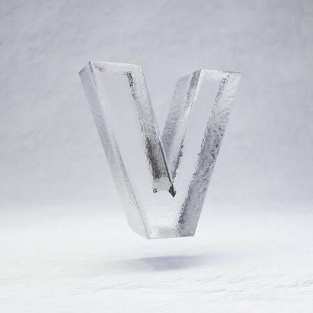Ice letter V uppercase. 3D rendered alphabet on white snow background. Best for winter sports banners, cocktail bars, ice exhibition advertising.の写真素材
