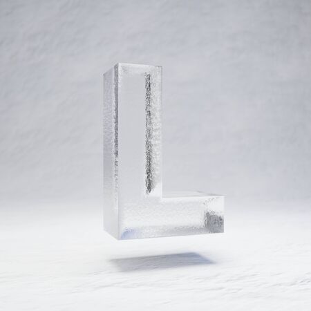 Ice letter L uppercase. 3D rendered alphabet on white snow background. Best for winter sports banners, cocktail bars, ice exhibition advertising.の写真素材