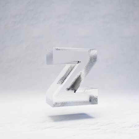 Ice letter Z lowercase. 3D rendered alphabet on white snow background. Best for winter sports banners, cocktail bars, ice exhibition advertising.の写真素材