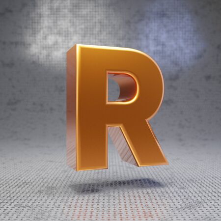 Golden letter R uppercase on metal textured background. 3D rendered glossy metallic font. Best for poster, banner, advertisement, decoration.の写真素材
