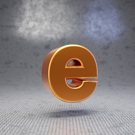 Golden letter E lowercase on metal textured background. 3D rendered glossy metallic font. Best for poster, banner, advertisement, decoration.の写真素材