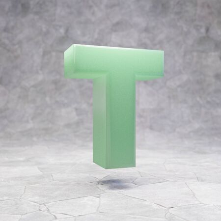 Jade letter T uppercase on rocky backgrond. 3D rendered jade gemstone font. Best for jewelry...