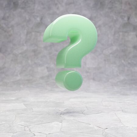 Jade question symbol on rocky backgrond. 3D rendered jade gemstone character. Best for jewelry...