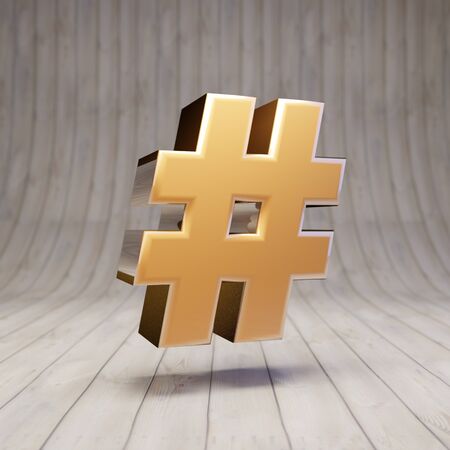 Golden hashtag symbol on wooden floor. 3d rendered glossy gold alphabet character.の写真素材