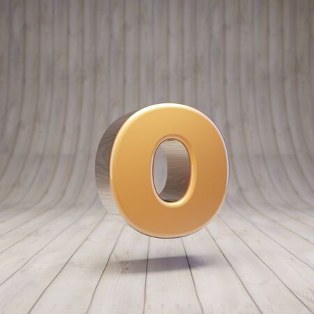 Golden letter O lowercase on wooden floor. 3d rendered glossy gold alphabet character.