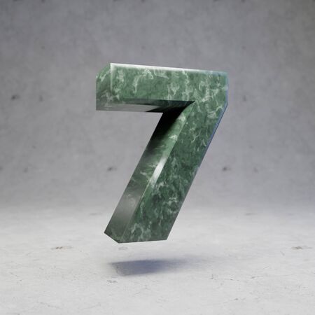 Green marble number 7 on concrete background. 3d rendered glossy stone font number.