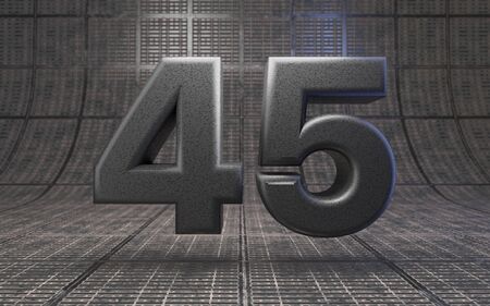 Black number 45. DLSR camera body plastic texture digit on metal floor. 3D rendered high technology...