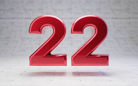 Red number 22. Metallic red color digit isolated on concrete background. 3D rendering.の写真素材