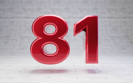 Red number 81. Metallic red color digit isolated on concrete background. 3D rendering.の写真素材
