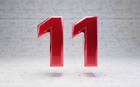 Red number 11. Metallic red color digit isolated on concrete background. 3D rendering.