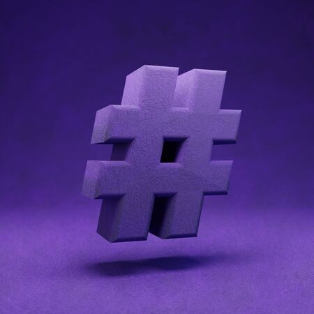 Violet velvet hashtag symbol. Indigo color font character.. 3D rendering.