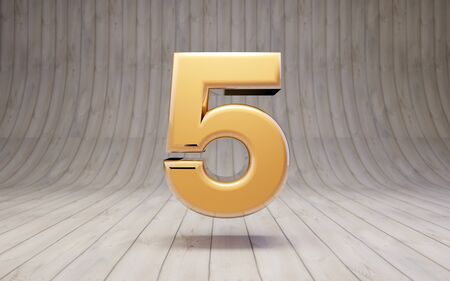 Golden number 5 on wooden floor. 3d rendered glossy gold alphabet character.