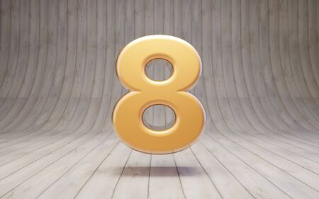 Golden number 8 on wooden floor. 3d rendered glossy gold alphabet character.