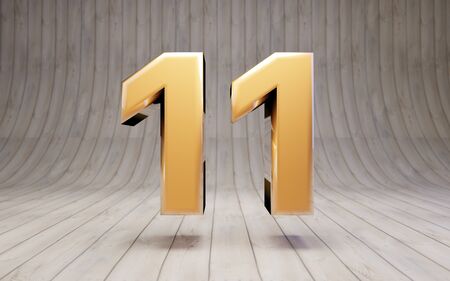 Golden number 11 on wooden floor. 3d rendered glossy gold alphabet character.