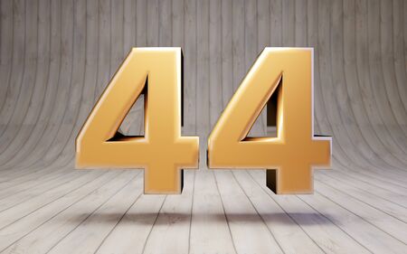 Golden number 44 on wooden floor. 3d rendered glossy gold alphabet character.