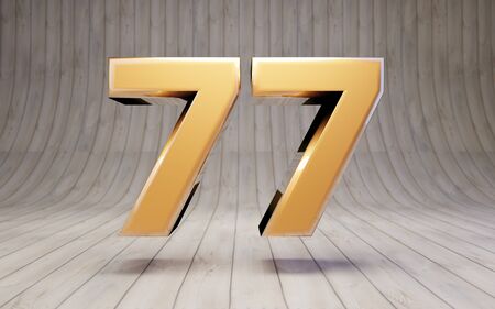 Golden number 77 on wooden floor. 3d rendered glossy gold alphabet character.の写真素材