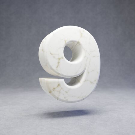White marble number 9 on concrete background. 3d rendered glossy stone font number.