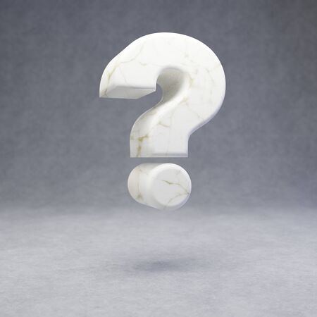 White marble question symbol on concrete background. 3d rendered glossy stone font character.