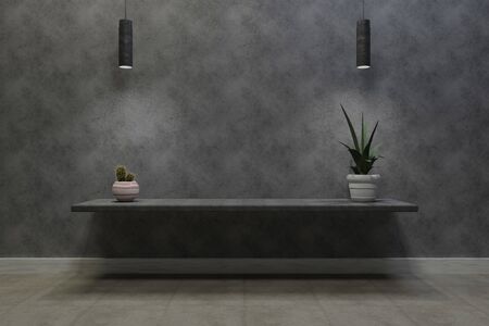 Shelf with green plants on concrete wall with light lamps. Loft interior with concrete floor.の写真素材