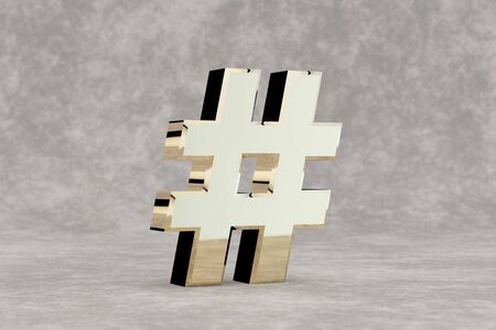Gold 3d hashtag symbol. Glossy golden sign on concrete background. 3d rendered font character.の写真素材