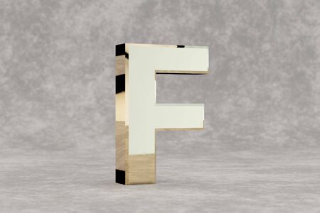 Gold 3d letter F uppercase. Glossy golden letter on concrete background. Metallic alphabet with studio light reflections. 3d rendered font character.の写真素材