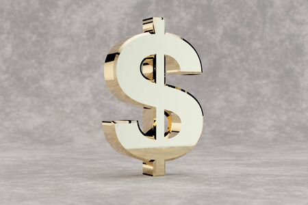 Gold 3d dollar symbol. Glossy golden sign on concrete background. 3d rendered font character.の写真素材