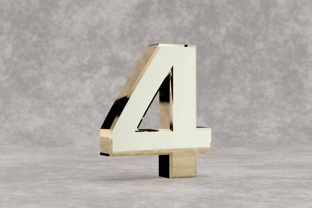 Gold 3d number 4. Glossy golden number on concrete background. 3d rendered font character.