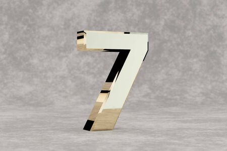 Gold 3d number 7. Glossy golden number on concrete background. Metallic alphabet with studio light reflections. 3d rendered font character.の写真素材