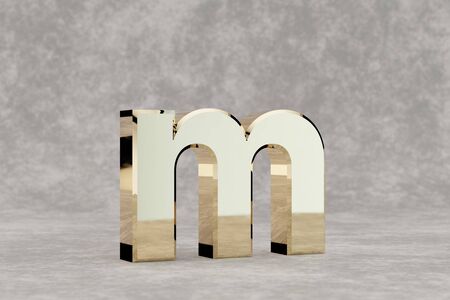 Gold 3d lette M lowercase. Glossy golden letter on concrete background. Metallic alphabet with studio light reflections. 3d rendered font character.の写真素材