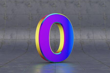 Multicolor 3d number 0. Glossy iridescent number on tile background. 3d rendered font character.
