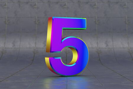 Multicolor 3d number 5. Glossy iridescent number on tile background. 3d rendered font character.の写真素材
