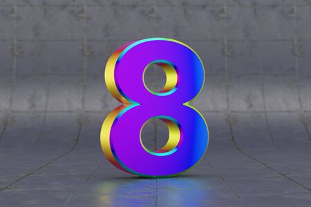 Multicolor 3d number 8. Glossy iridescent number on tile background. 3d rendered font character.の写真素材