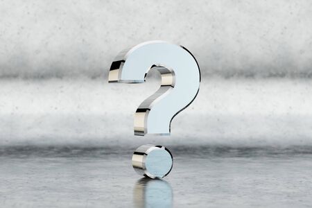 Chrome 3d question symbol. Glossy chrome sign on scratched metal background. Metallic alphabet with...