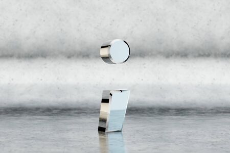Chrome 3d semicolon symbol. Glossy chrome sign on scratched metal background. 3d rendered font...