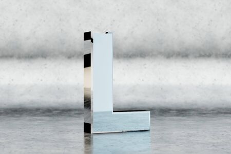 Chrome 3d letter L uppercase. Glossy chrome letter on scratched metal background. 3d rendered font character.の写真素材